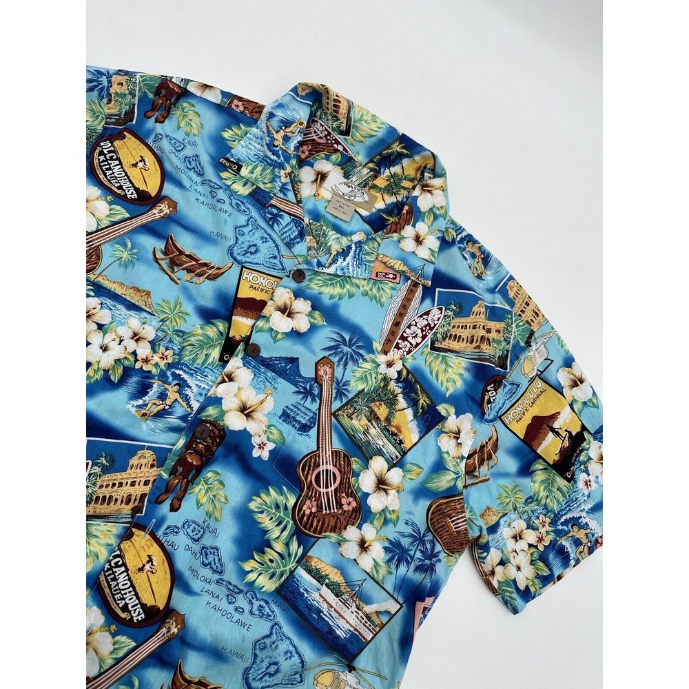 High‎ Surf Mens Hawaiian Shirt Size 2XL Ukulele Surfboards Floral Palm Tree Blue